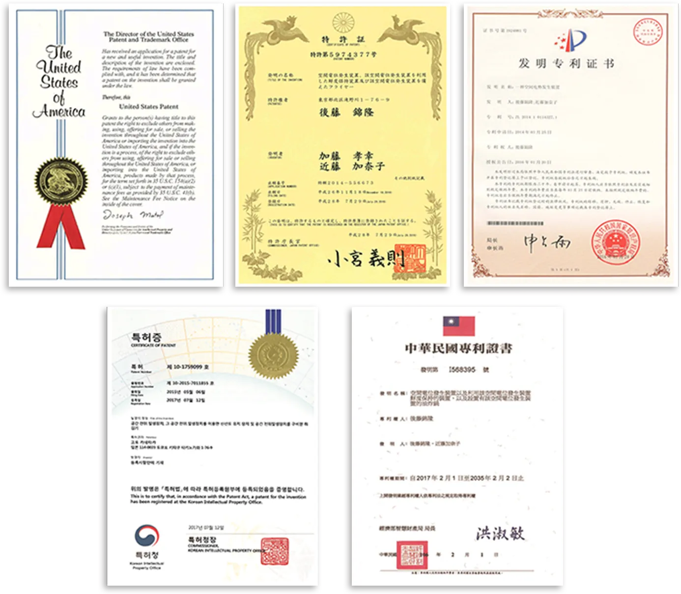 各国で取得している特許の証明書が5枚並んでいる